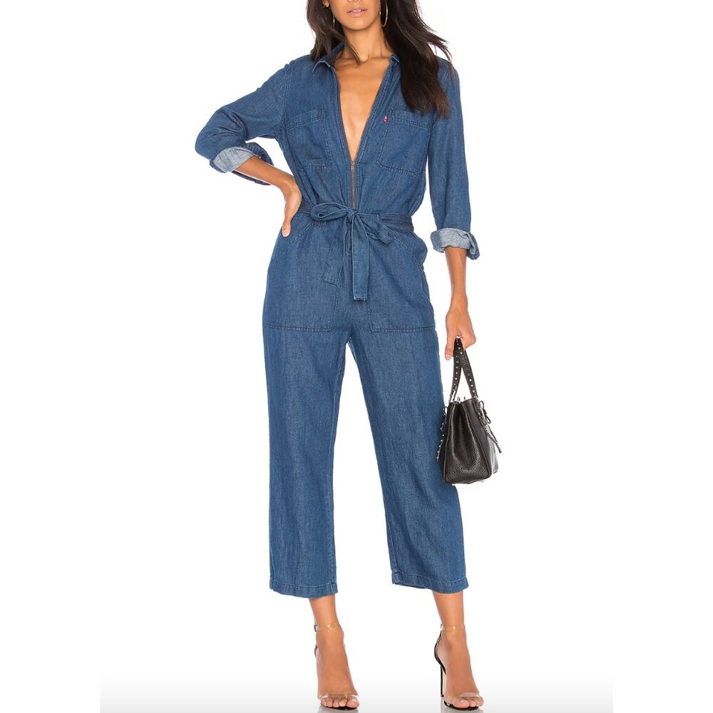 Levi's Alix‎ Jumpsuit Medium Authentic Blue Denim XS Cotton Linen Wide Leg
